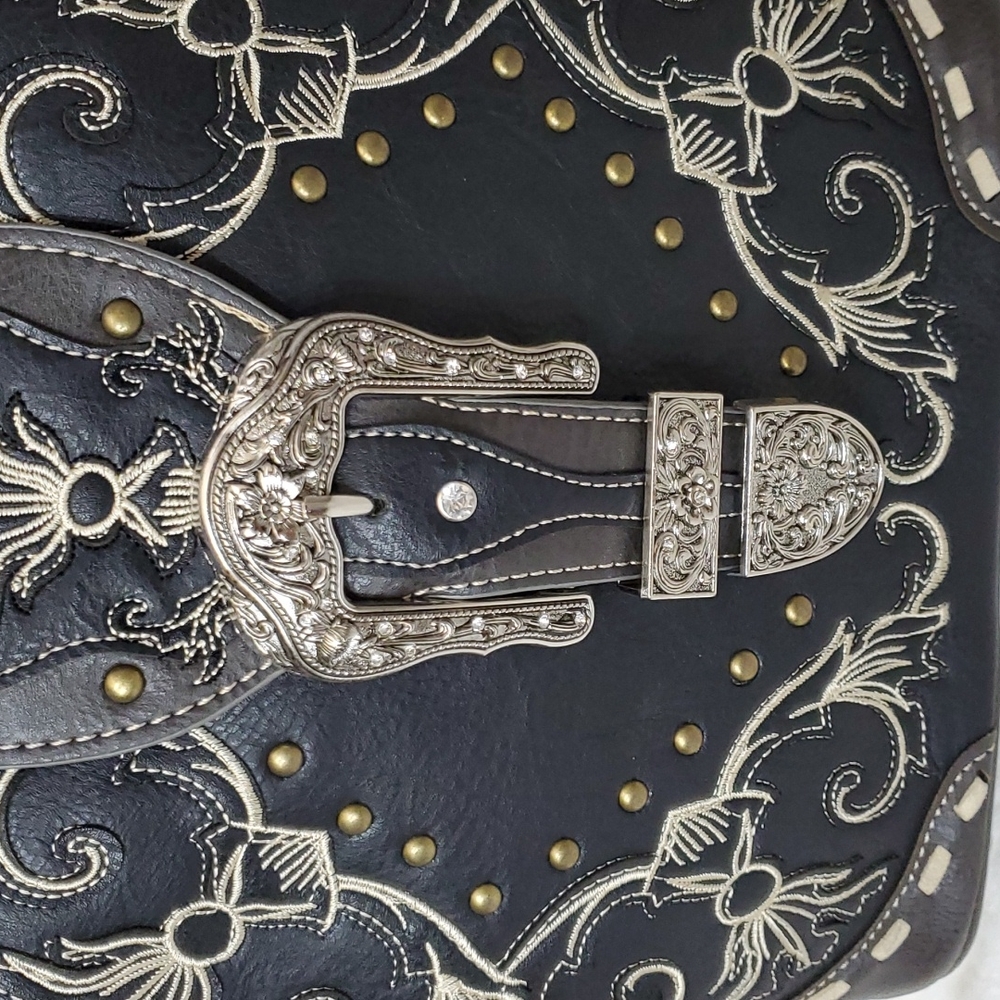 LAST 1 Gray Western Buckle  Crossbody with Embroidery - Picture 7 of 7